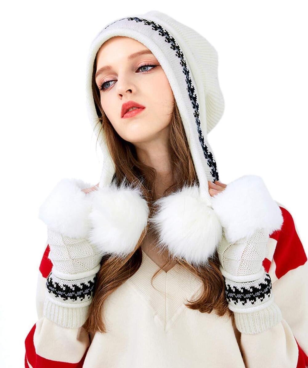 7787 Knit Beanie Winter Ski Hat Cap with Earflap Pom Glove Set,White